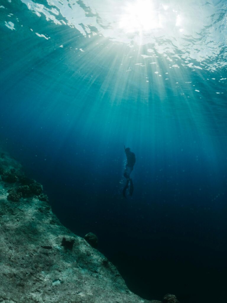 A scuba diver swimming along a vibrant reef in the clear blue waters of the Maldives.